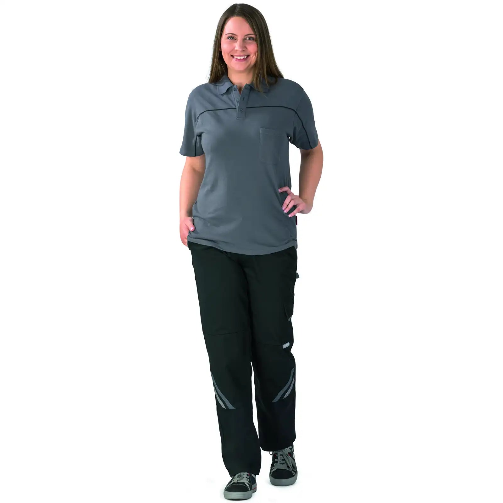 Planam Highline Damen Bundhose schwarz/schiefer/zink 34 schwarz/schiefer/zink - Produktbild mit Model