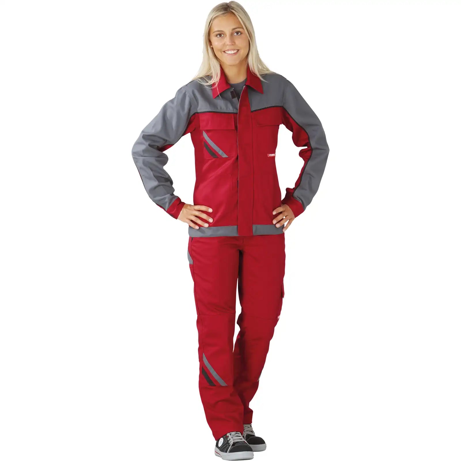 Planam Highline Damen Bundjacke rot/schiefer 34 rot/schiefer/schwarz - Produktbild mit Model