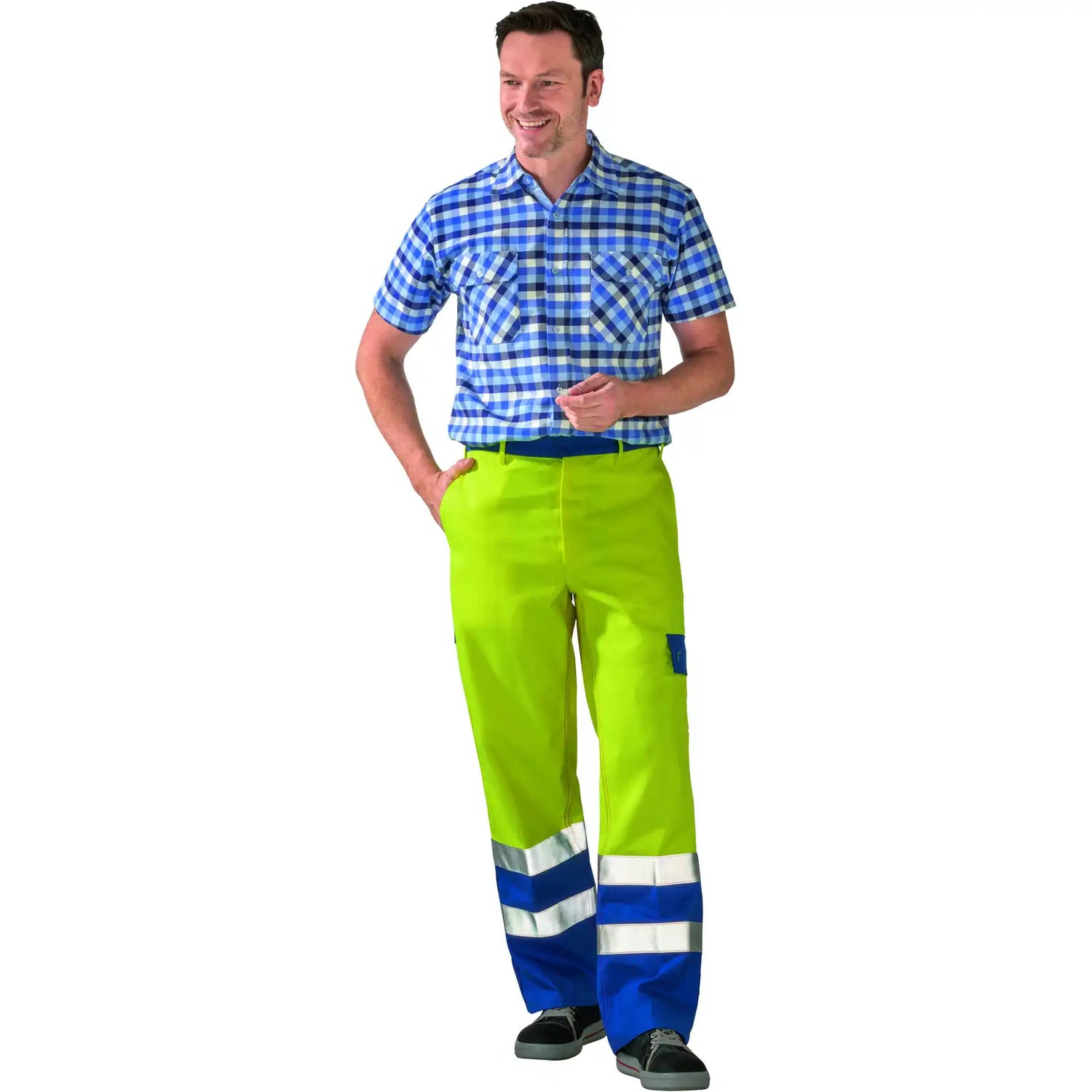 Planam Major Protect Bundhose warngelb/kornblumenblau 102 gelb/kornblumenblau - Produktbild mit Model