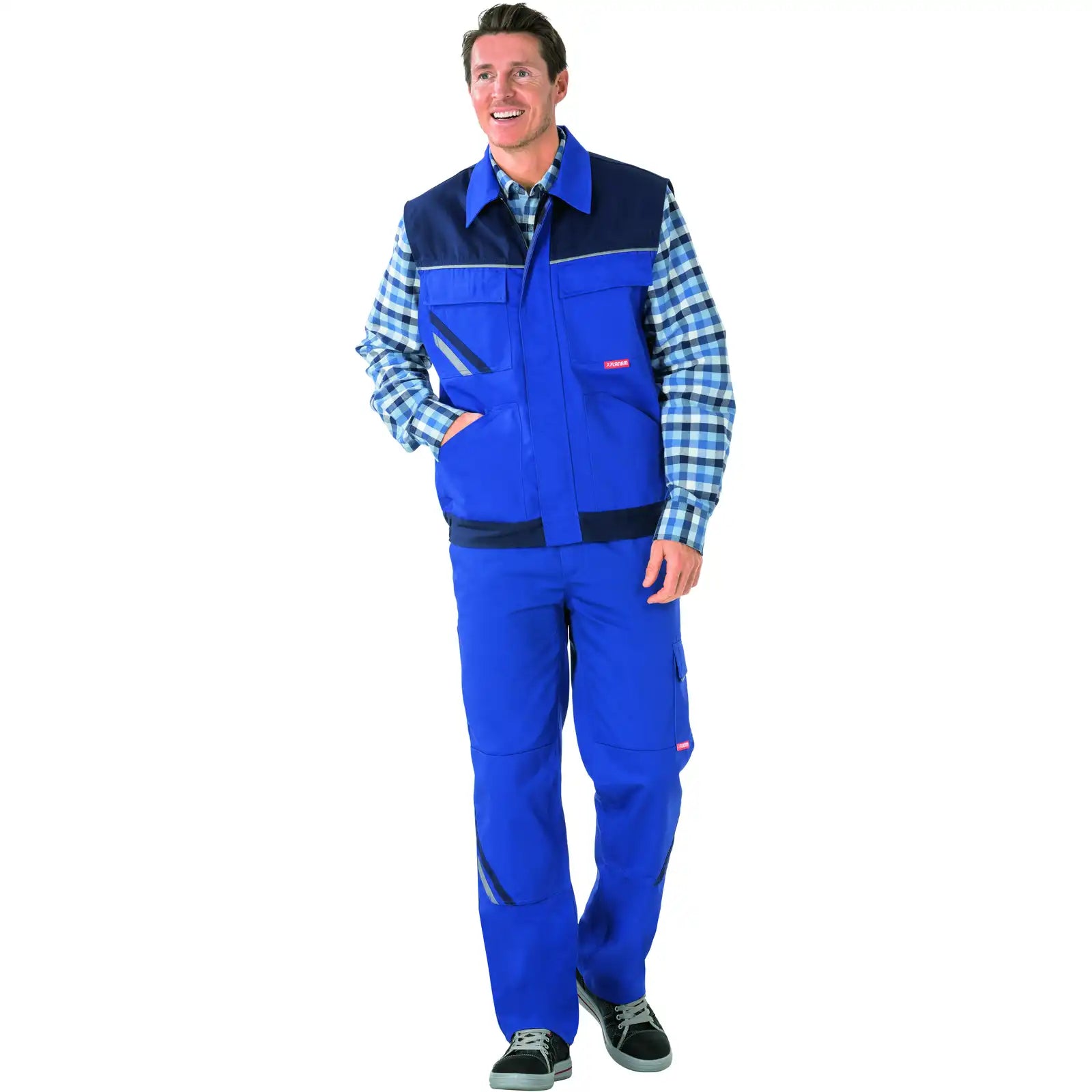 Planam Highline Arbeitsweste kornblumenblau/marine/zink XS kornblumenblau/marine/zink - Produktbild mit Model