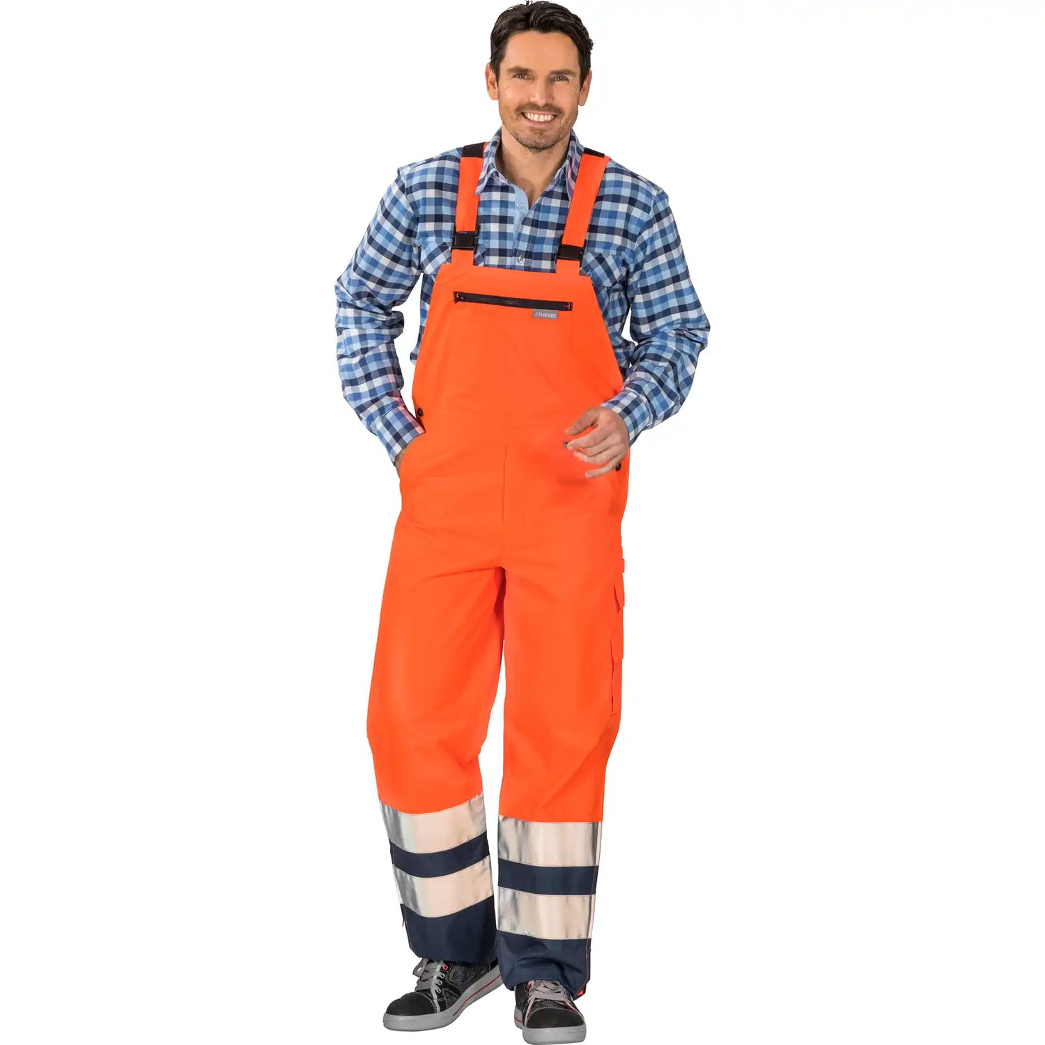 Planam Warnschutz Regenlatzhose orange/marine S orange/marine - Produktbild mit Model