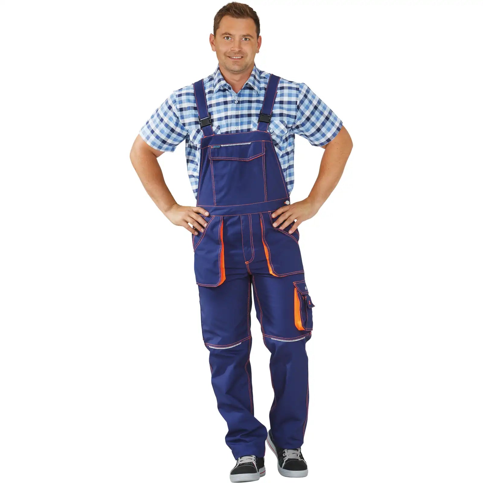 Planam Basalt Neon Latzhose marine/orange 102 marine/orange - Produktbild mit Model