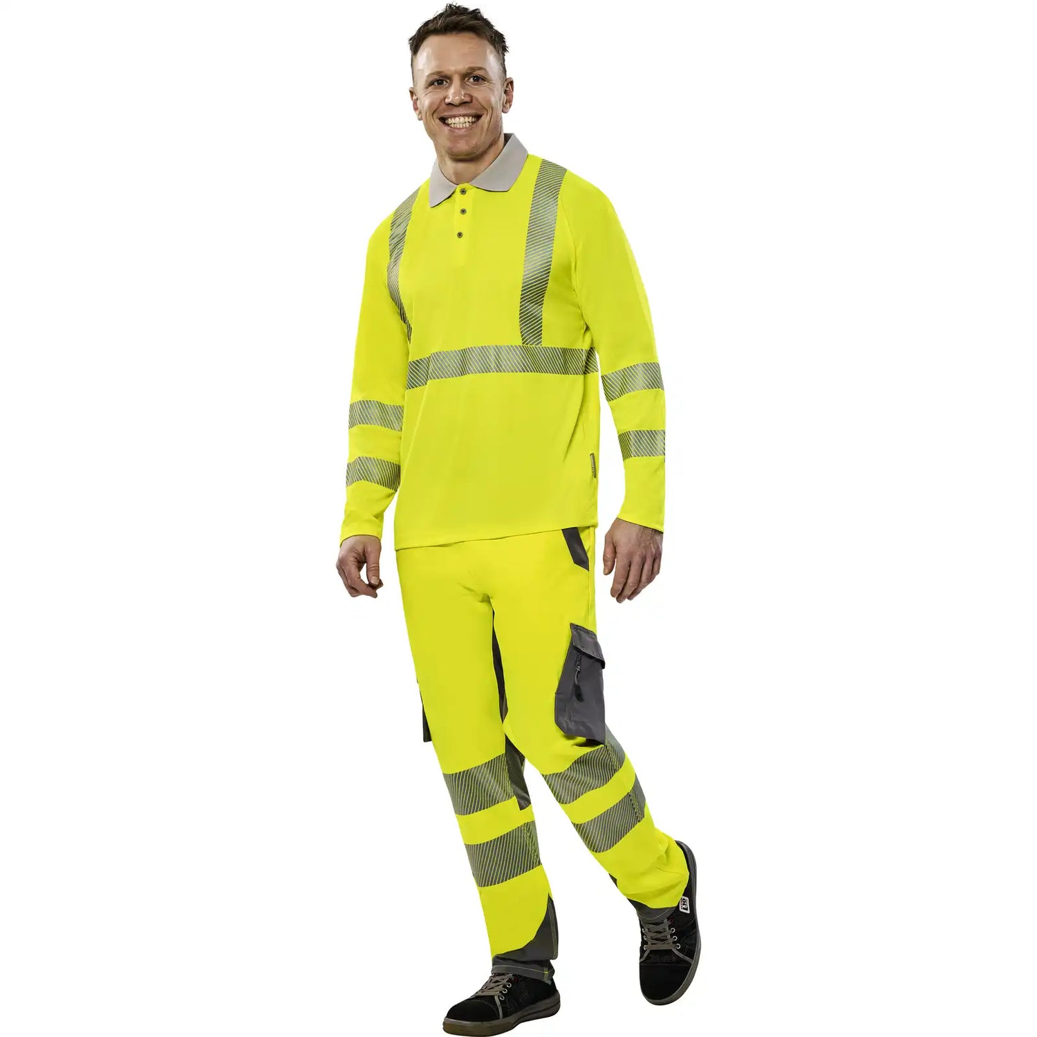 Planam Norit Warnschutz Poloshirt langarm gelb/zink XS gelb/zink - Produktbild mit Model