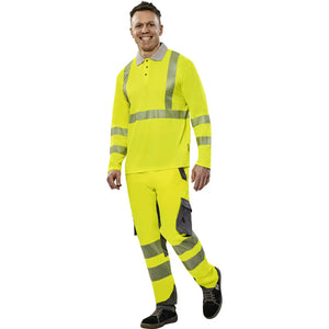 Planam Norit Warnschutz Poloshirt langarm gelb/zink XS gelb/zink - Produktbild mit Model