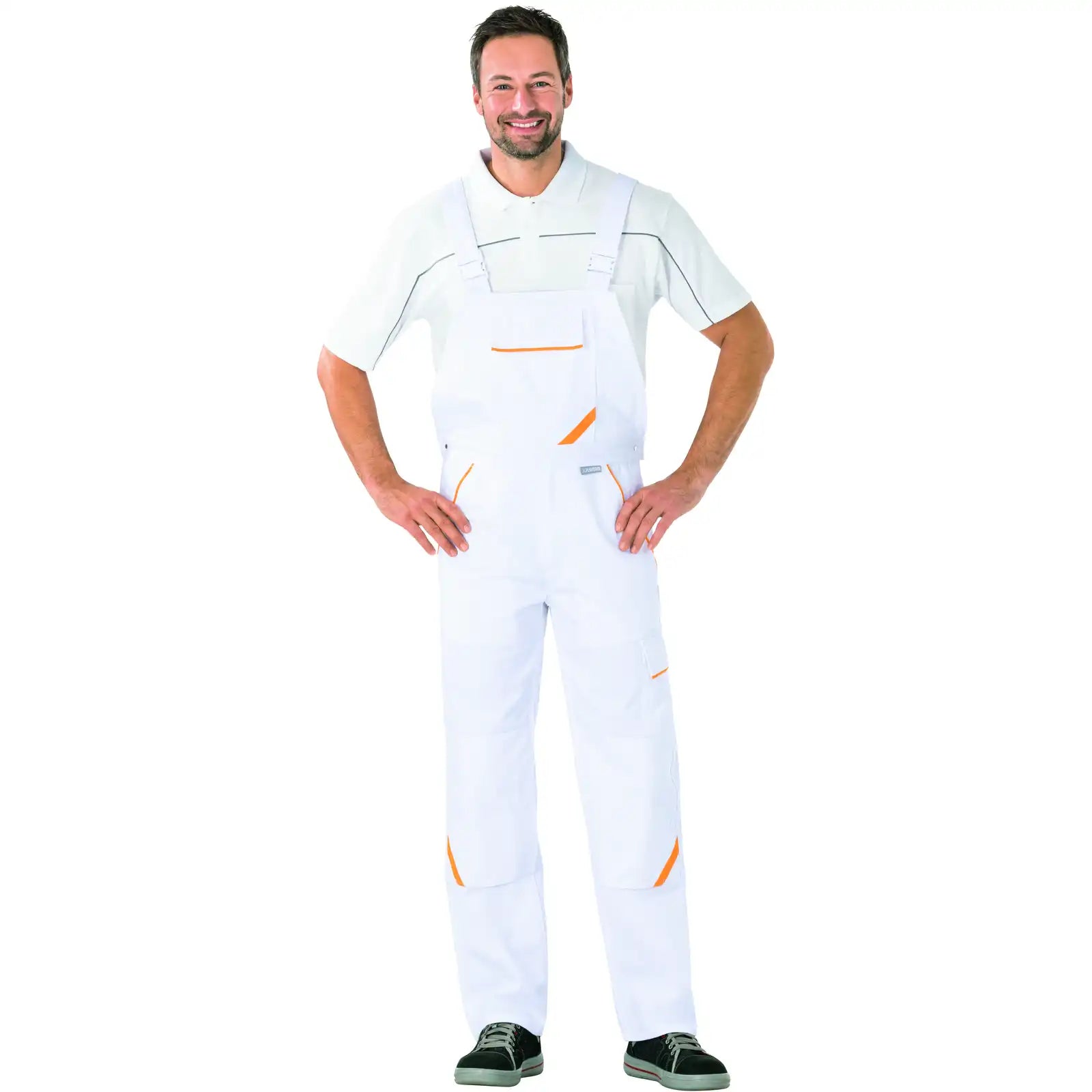 Planam Highline Latzhose reinweiß/reinweiß/gelb 102 reinweiß/reinweiß/gelb - Produktbild mit Model