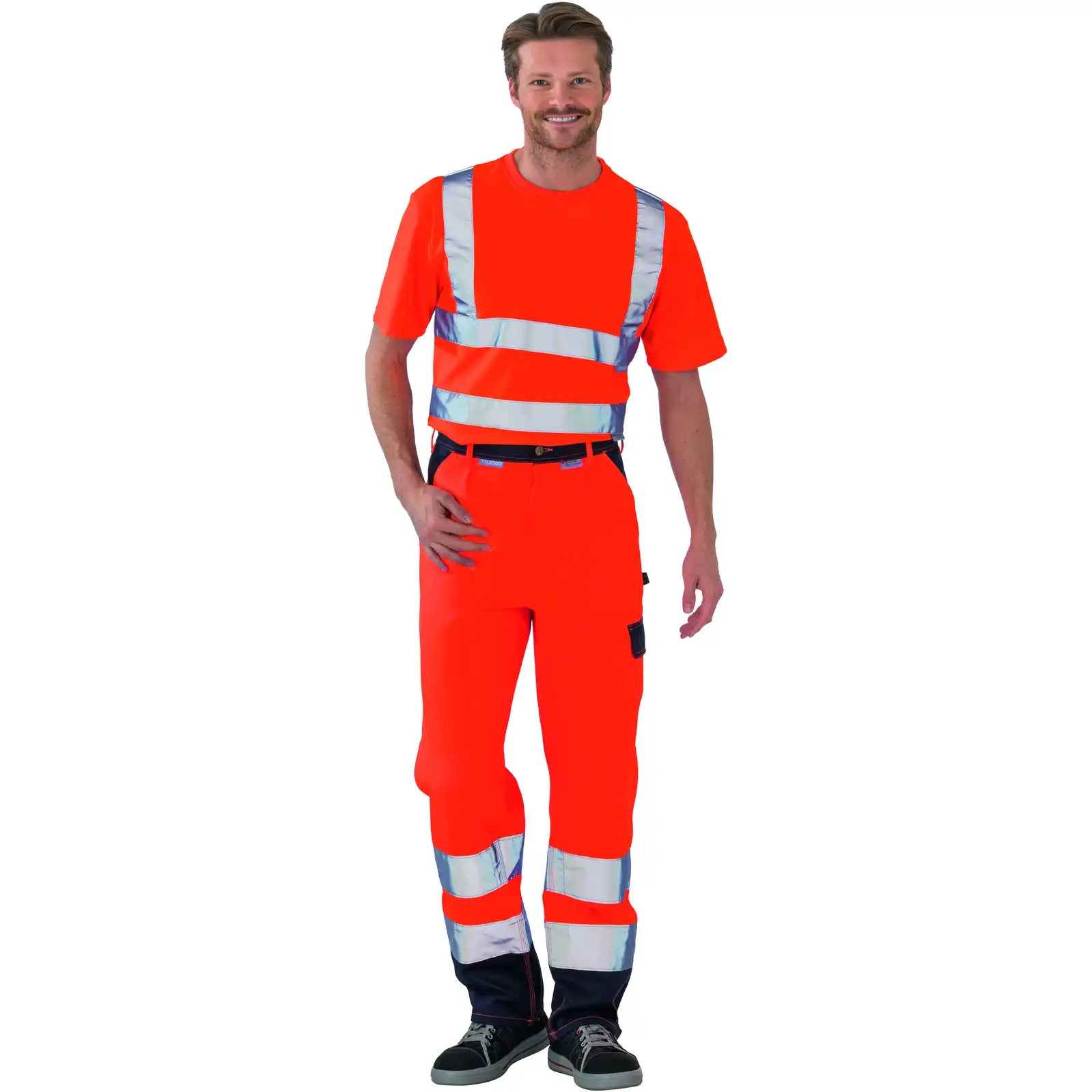 Planam Warnschutz Bundhose orange/marine 102 orange/marine - Produktbild mit Model