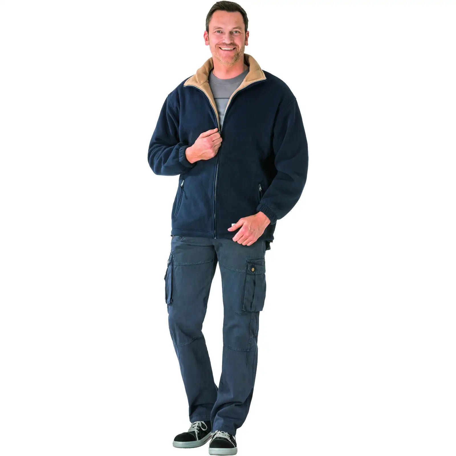 Planam Outdoor Stream Fleecejacke marine/camel L marine/camel - Produktbild mit Model