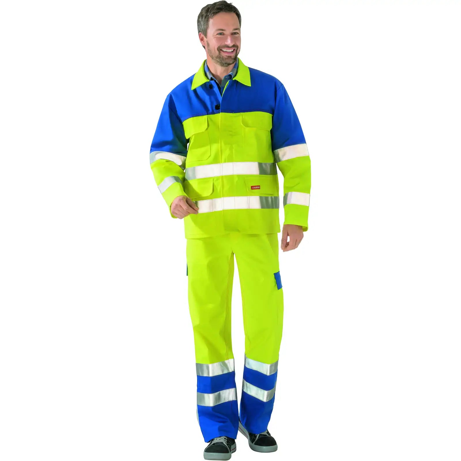 Planam Major Protect Jacke 1-lagig warngelb/kornblumenblau 102 gelb/kornblumenblau - Produktbild mit Model