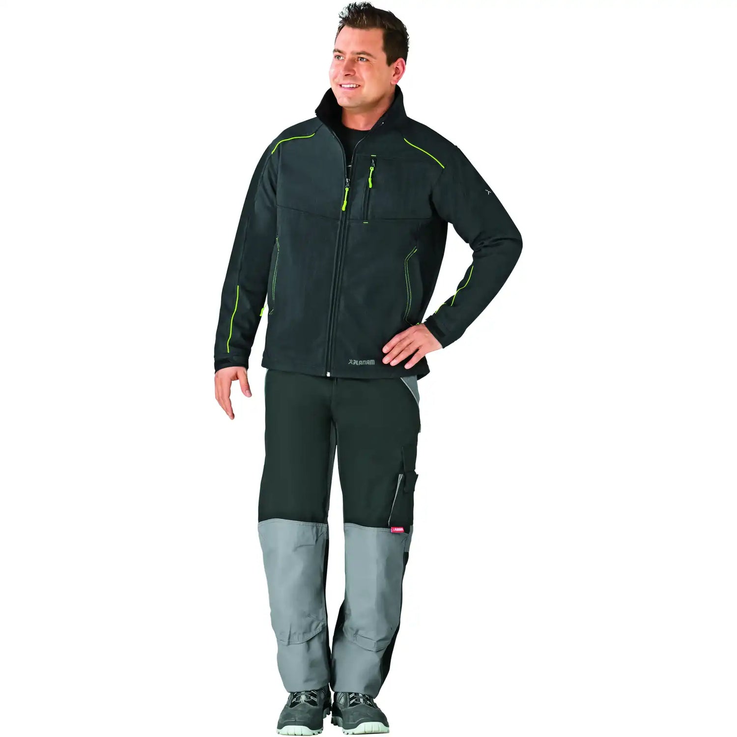 Planam Outdoor Neon Softshelljacke grau/grün S grau/grün - Produktbild mit Model