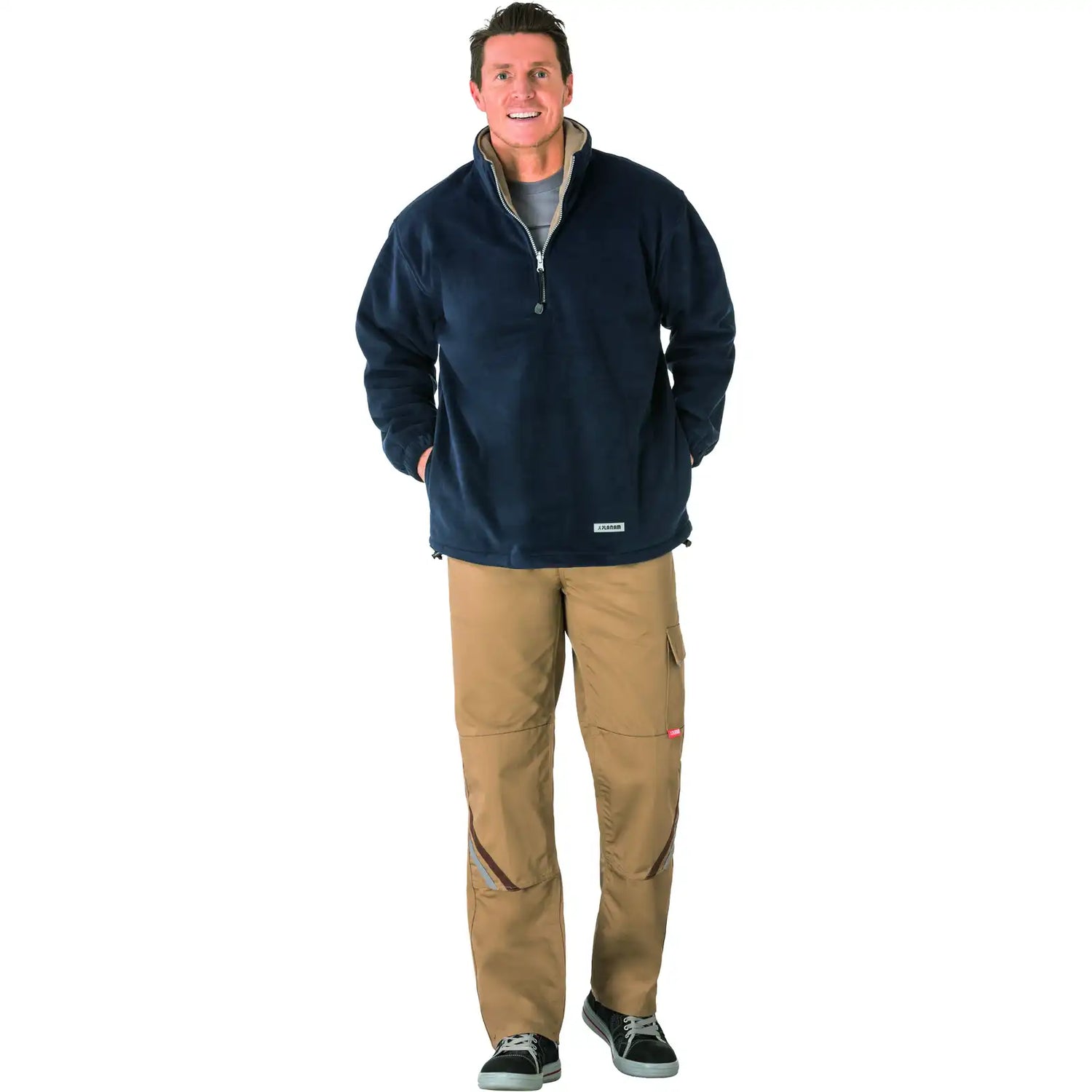 Planam Outdoor Relax Fleecetroyer marine/camel XS marine/camel - Produktbild mit Model