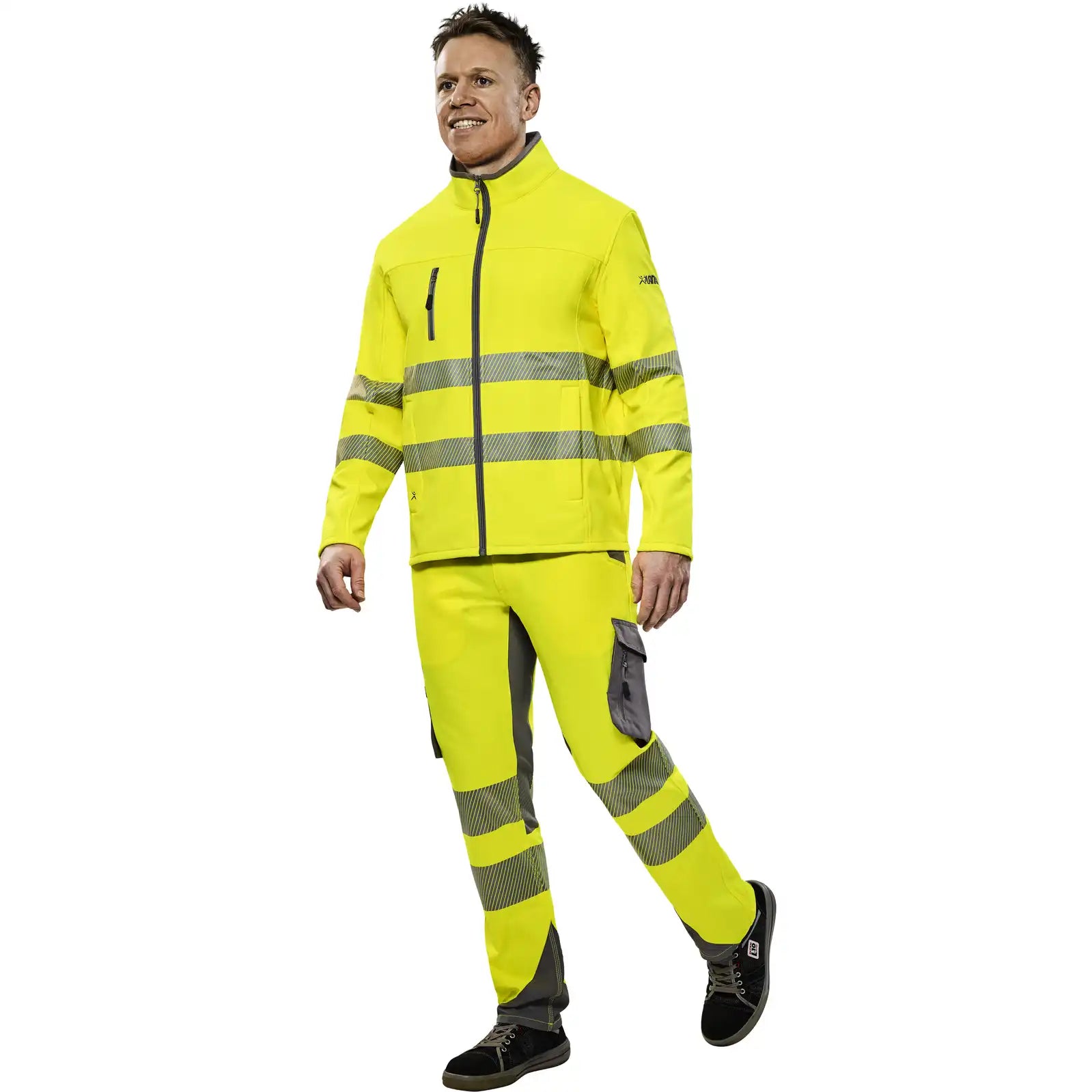 Planam Norit Warnschutz Herren Pure Softshelljacke gelb  102 gelb - Produktbild mit Model