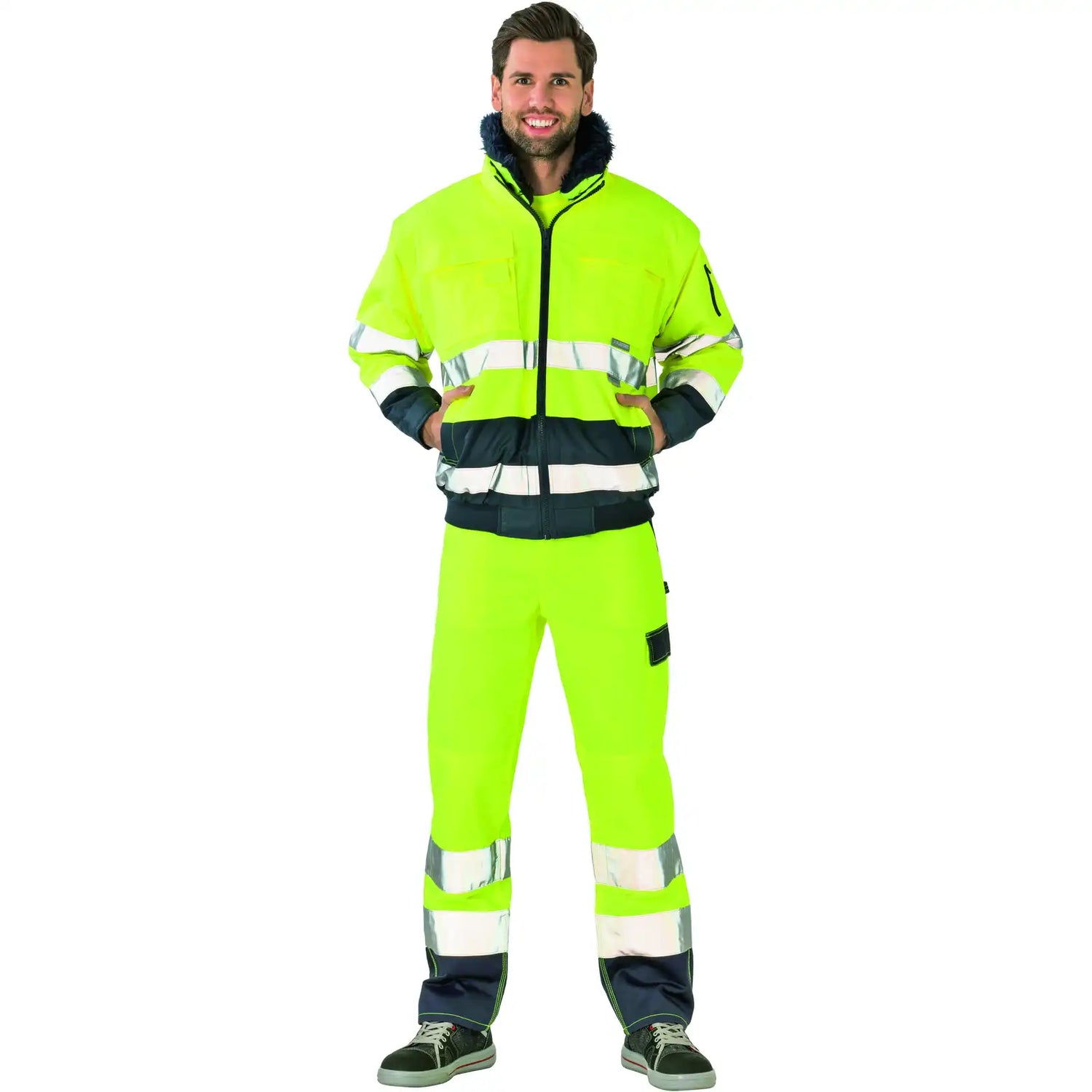 Planam Warnschutz Comfortjacke gelb/marine S gelb/marine - Produktbild mit Model