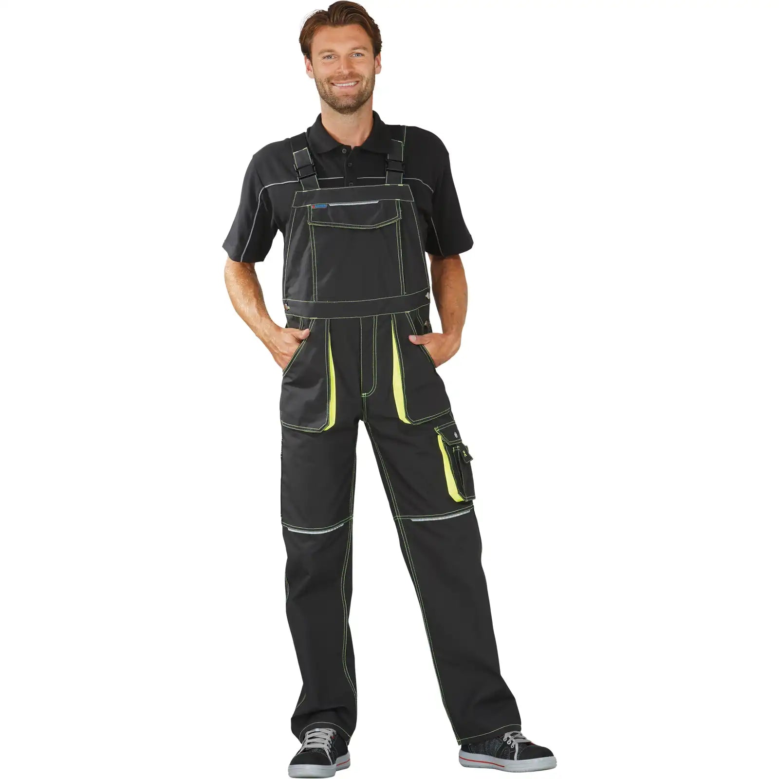 Planam Basalt Neon Latzhose anthrazit/gelb 102 anthrazit/gelb - Produktbild mit Model