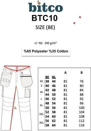Pantalon de travail BITCO BTC10 - Mélange polyester-coton durable - Plusieurs poches à outils - Double couture