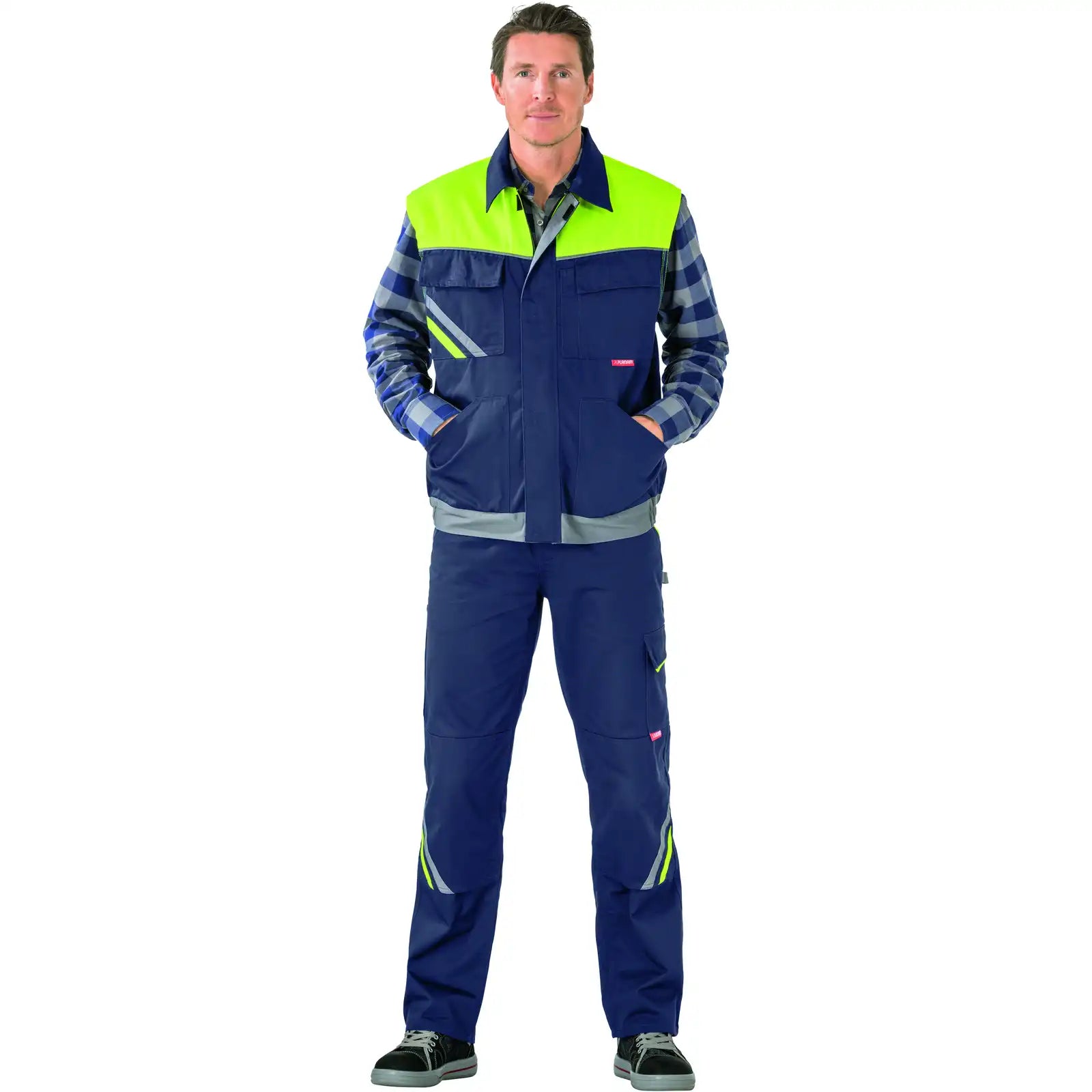 Planam Visline Weste marine/gelb/zink XS marine/gelb/zink - Produktbild mit Model