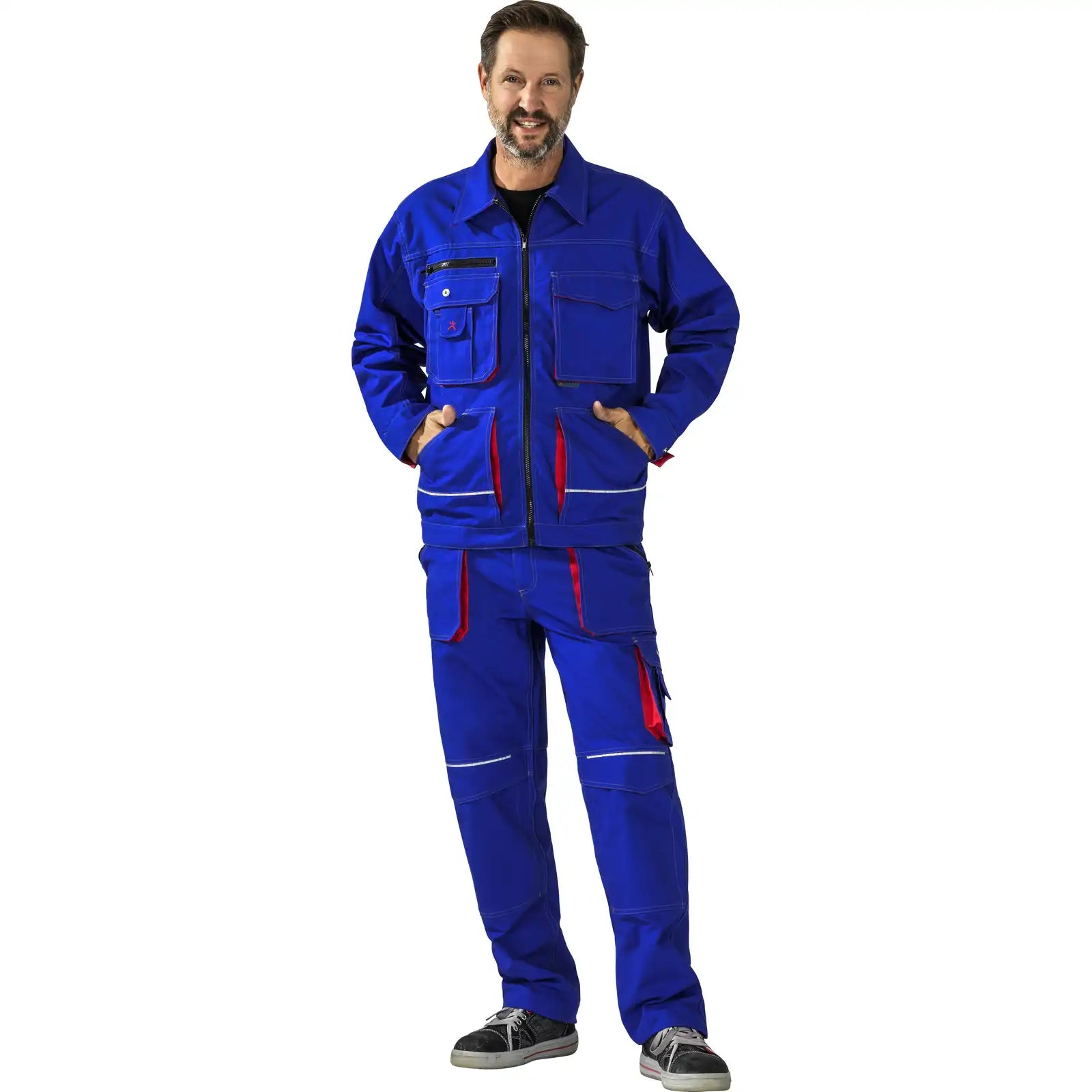 Planam Basalt Bundjacke kornblumenblau/rot 102 kornblumenblau/rot - Produktbild mit Model