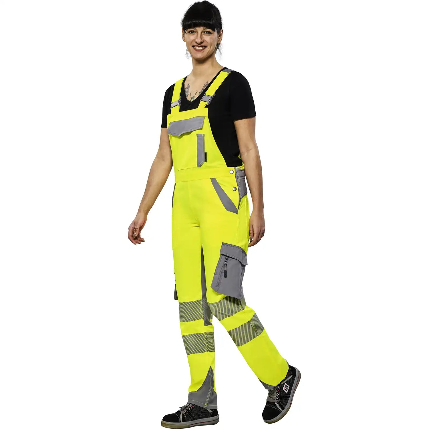 Planam Norit Warnschutz Damen Latzhose gelb/zink  36 gelb/zink - Produktbild mit Model
