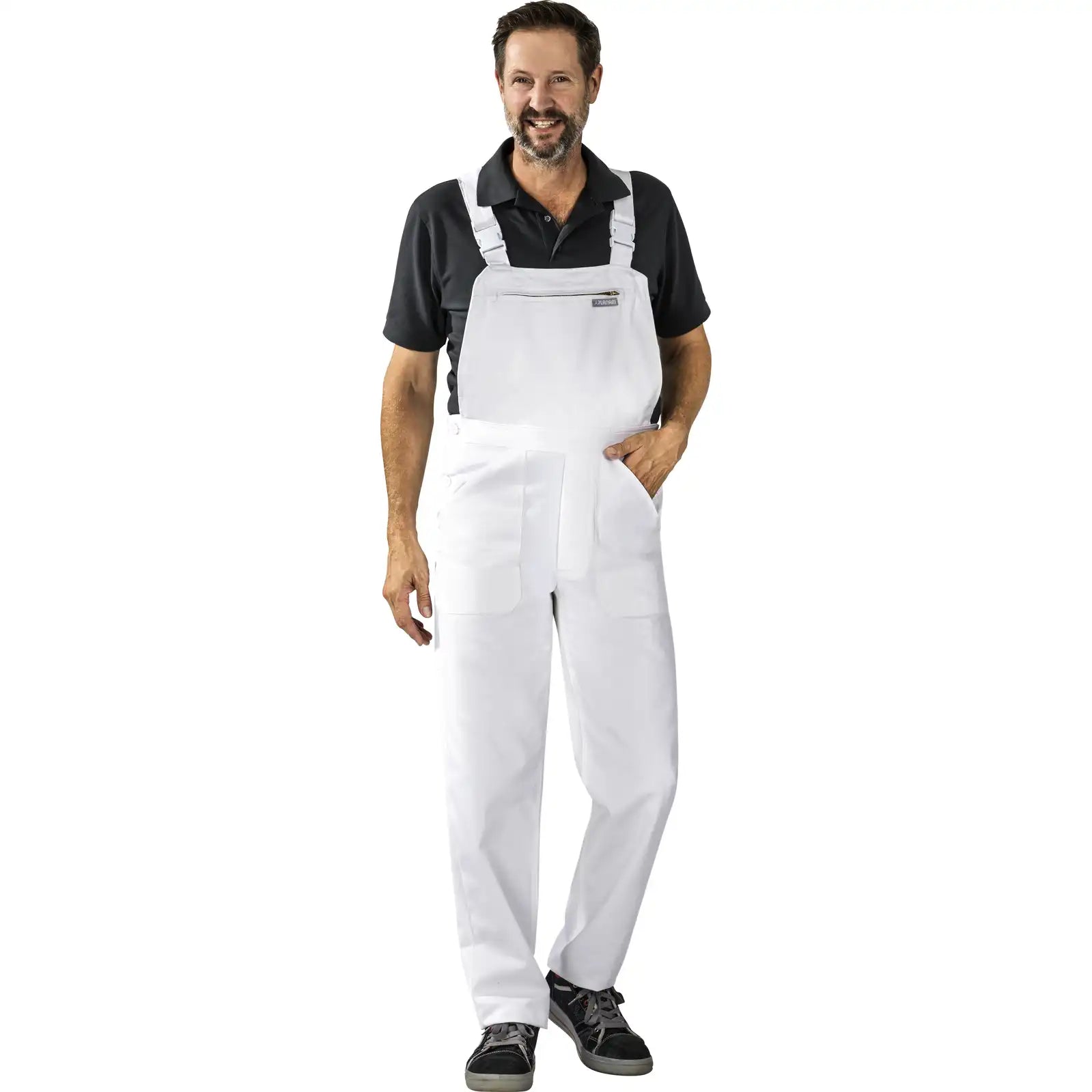 Planam BW 270 Latzhose reinweiß 102 reinweiß - Produktbild mit Model