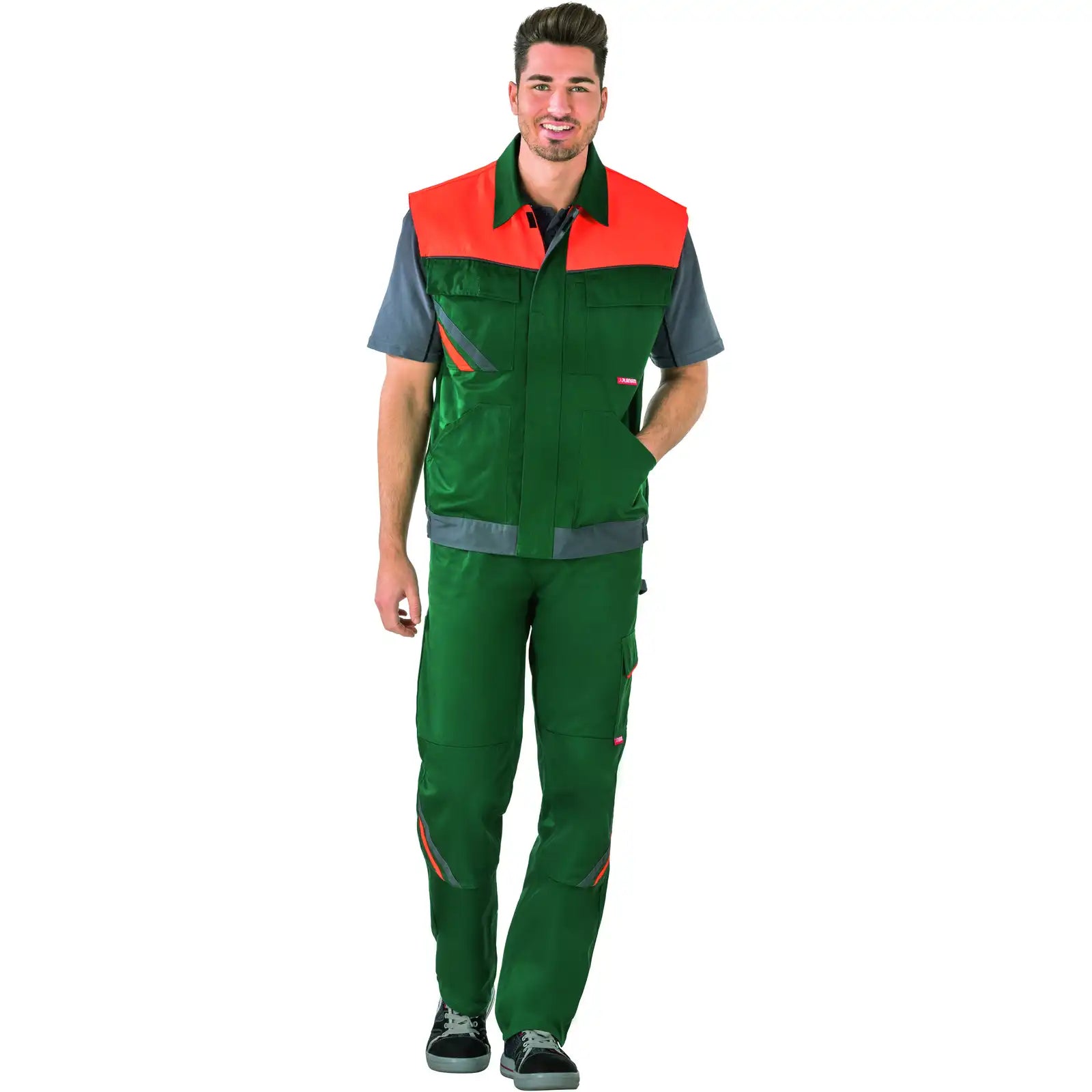 Planam Visline Weste grün/orange/schiefer XS grün/orange/schiefer - Produktbild mit Model