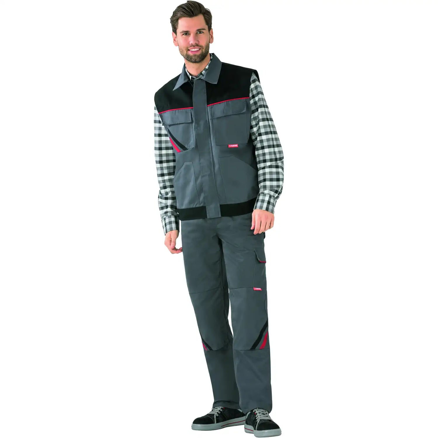 Planam Highline Arbeitsweste schiefer/schwarz/rot XS schiefer/schwarz/rot - Produktbild mit Model