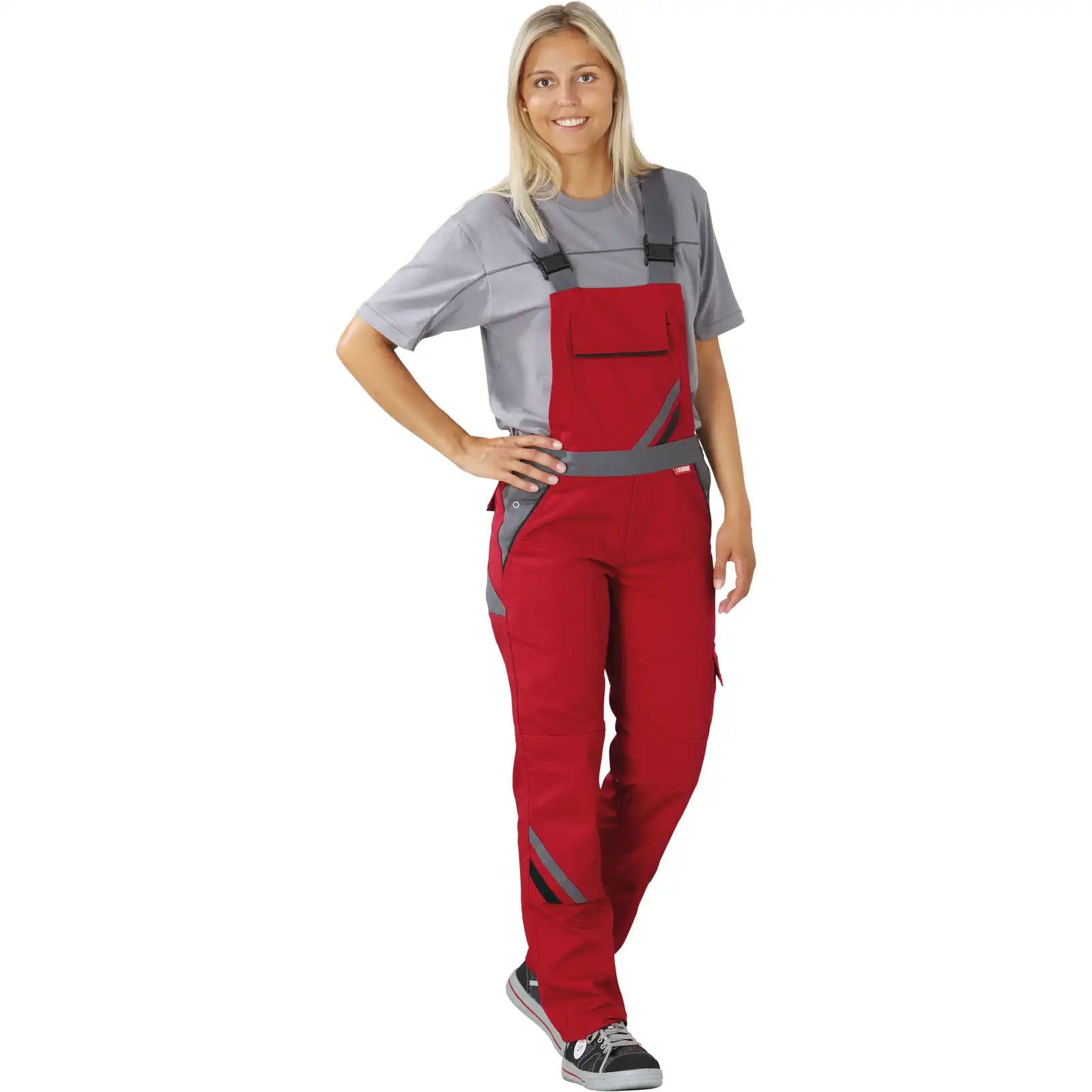 Planam Highline Damen Latzhose rot/schiefer 34 rot/schiefer/schwarz - Produktbild mit Model