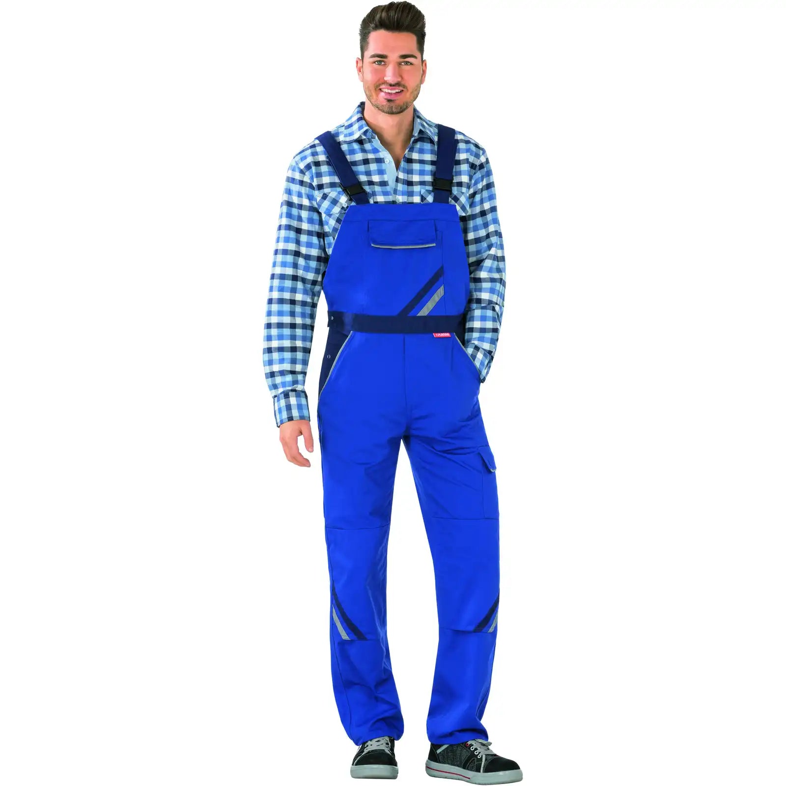 Planam Highline Latzhose kornblumenblau/marine/zink 102 kornblumenblau/marine/zink - Produktbild mit Model