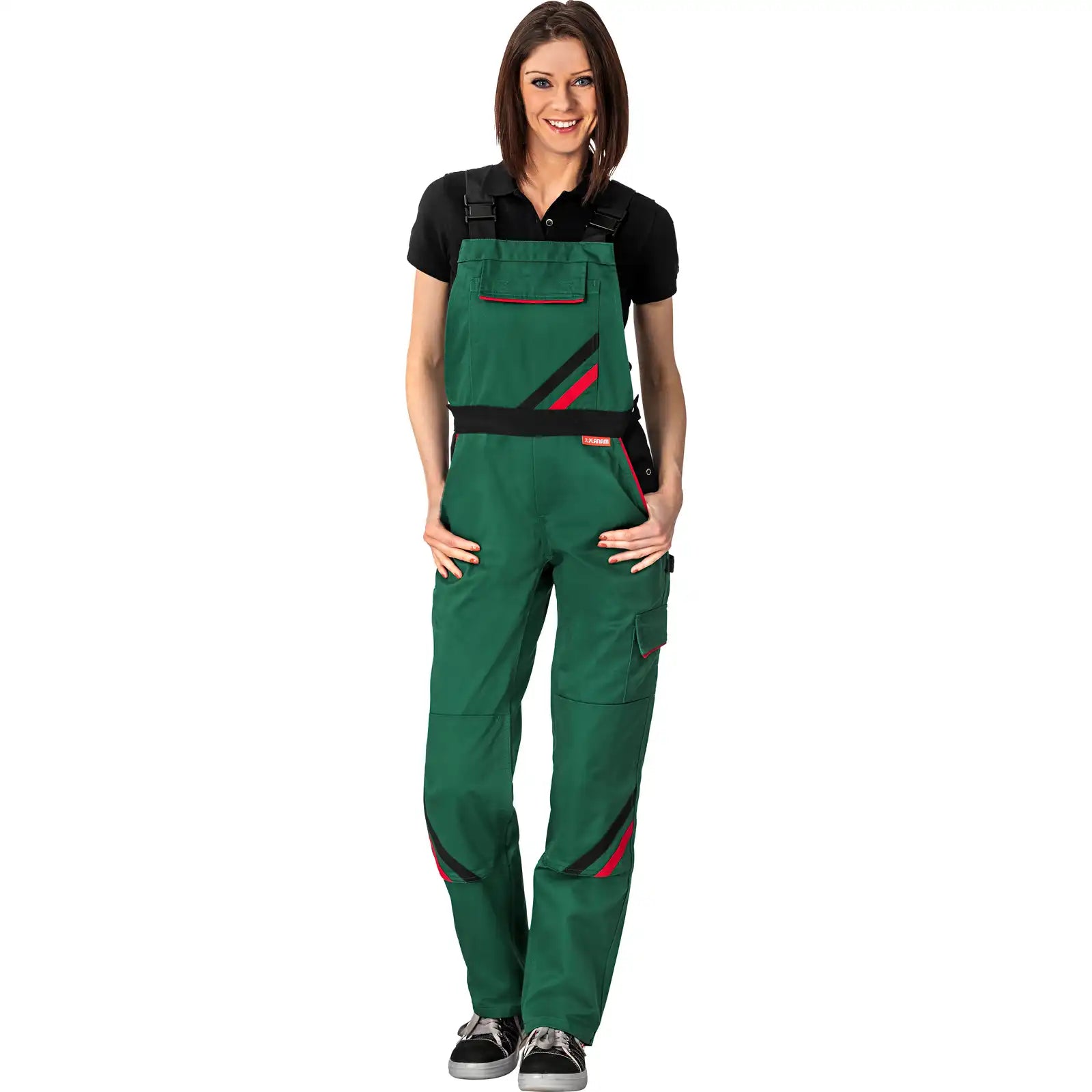 Planam Highline Damen Latzhose grün/schwarz/rot 34 grün/schwarz/rot - Produktbild mit Model