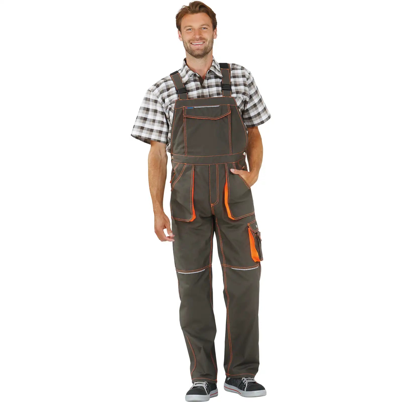 Planam Basalt Neon Latzhose oliv/orange 102 oliv/orange - Produktbild mit Model