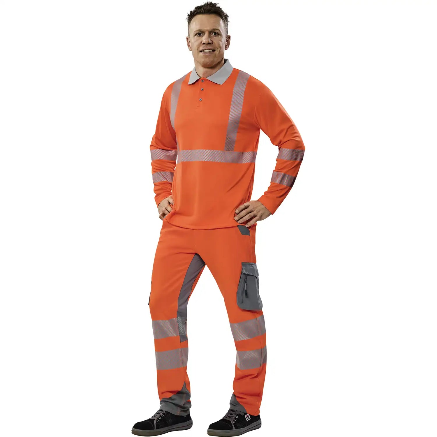 Planam Norit Warnschutz Poloshirt langarm orange/zink XS orange/zink - Produktbild mit Model