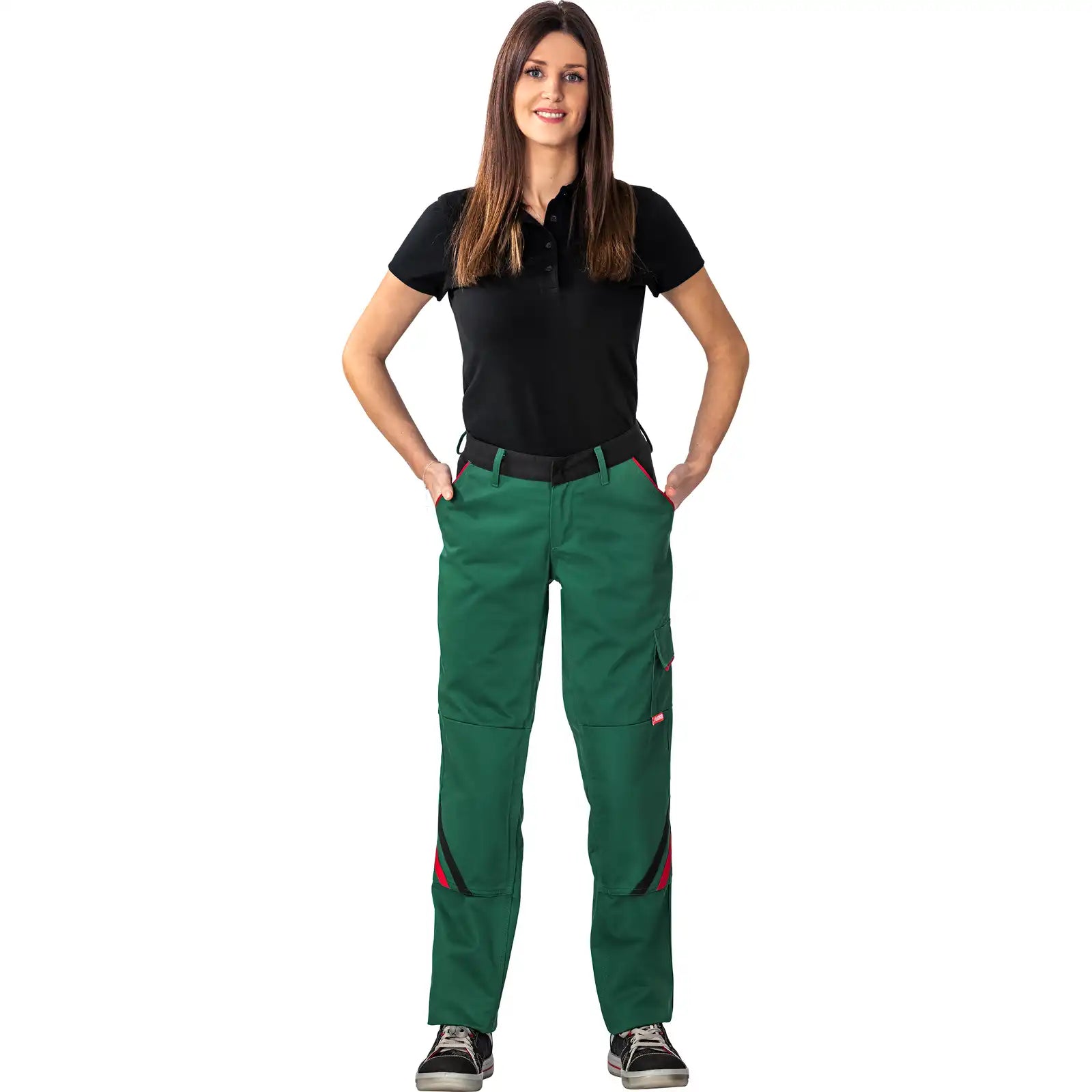 Planam Highline Damen Bundhose grün/schwarz/rot 34 grün/schwarz/rot - Produktbild mit Model