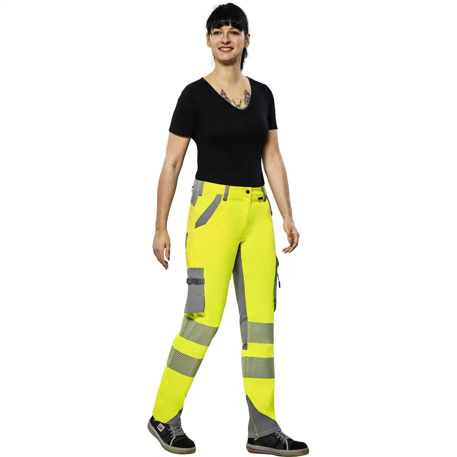 Planam Norit Warnschutz Damen Bundhose gelb/zink  36 gelb/zink - Produktbild mit Model