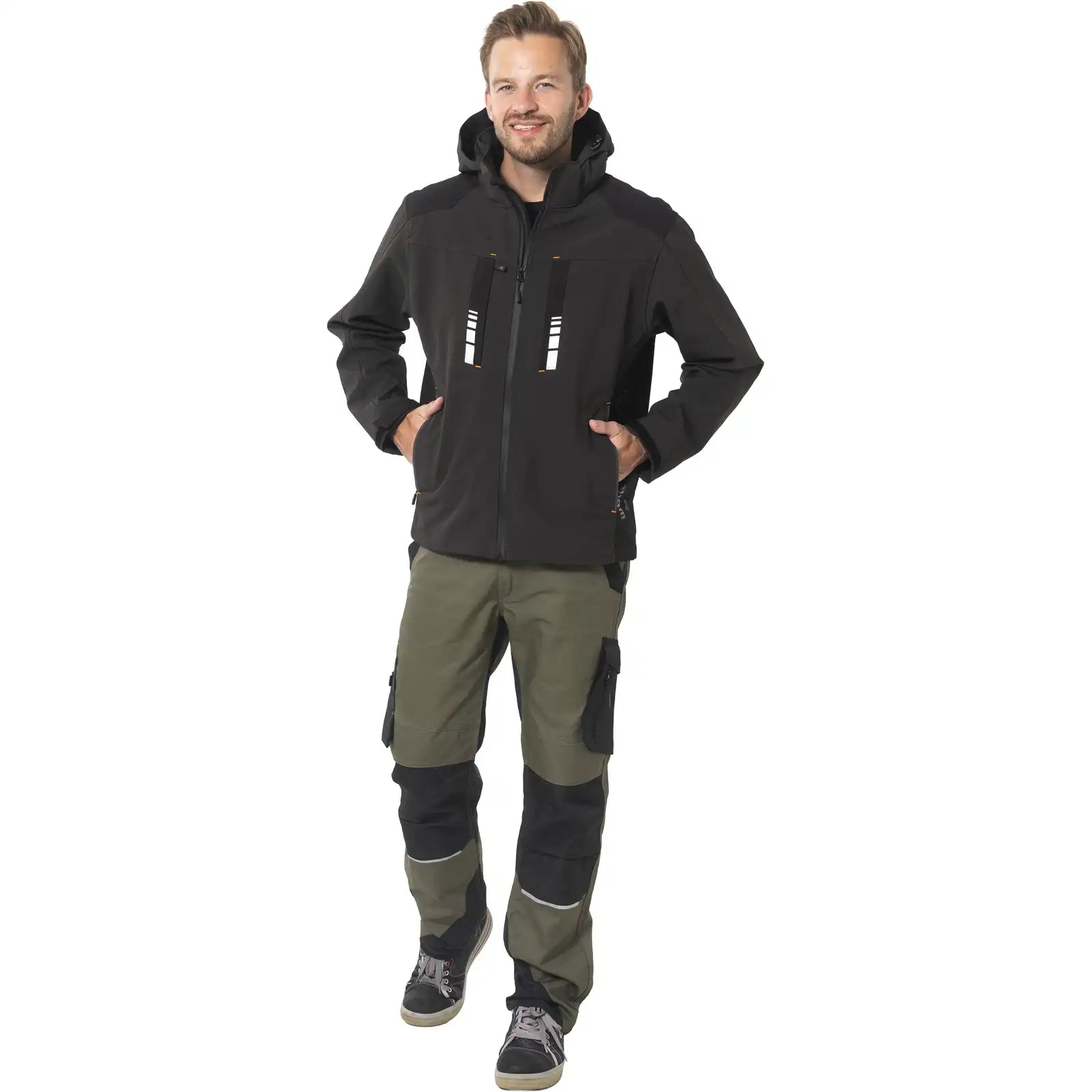 Planam Moto Softshelljacke oliv/schwarz S oilv/schwarz - Produktbild mit Model