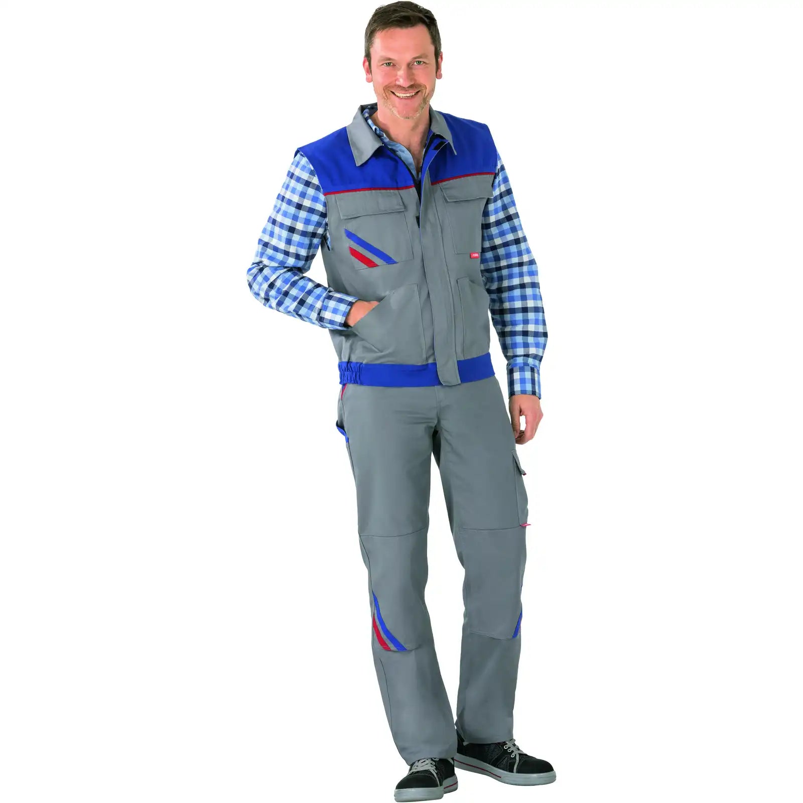 Planam Highline Arbeitsweste zink/kornblumenblau/rot XS zink/kornblumenblau/rot - Produktbild mit Model