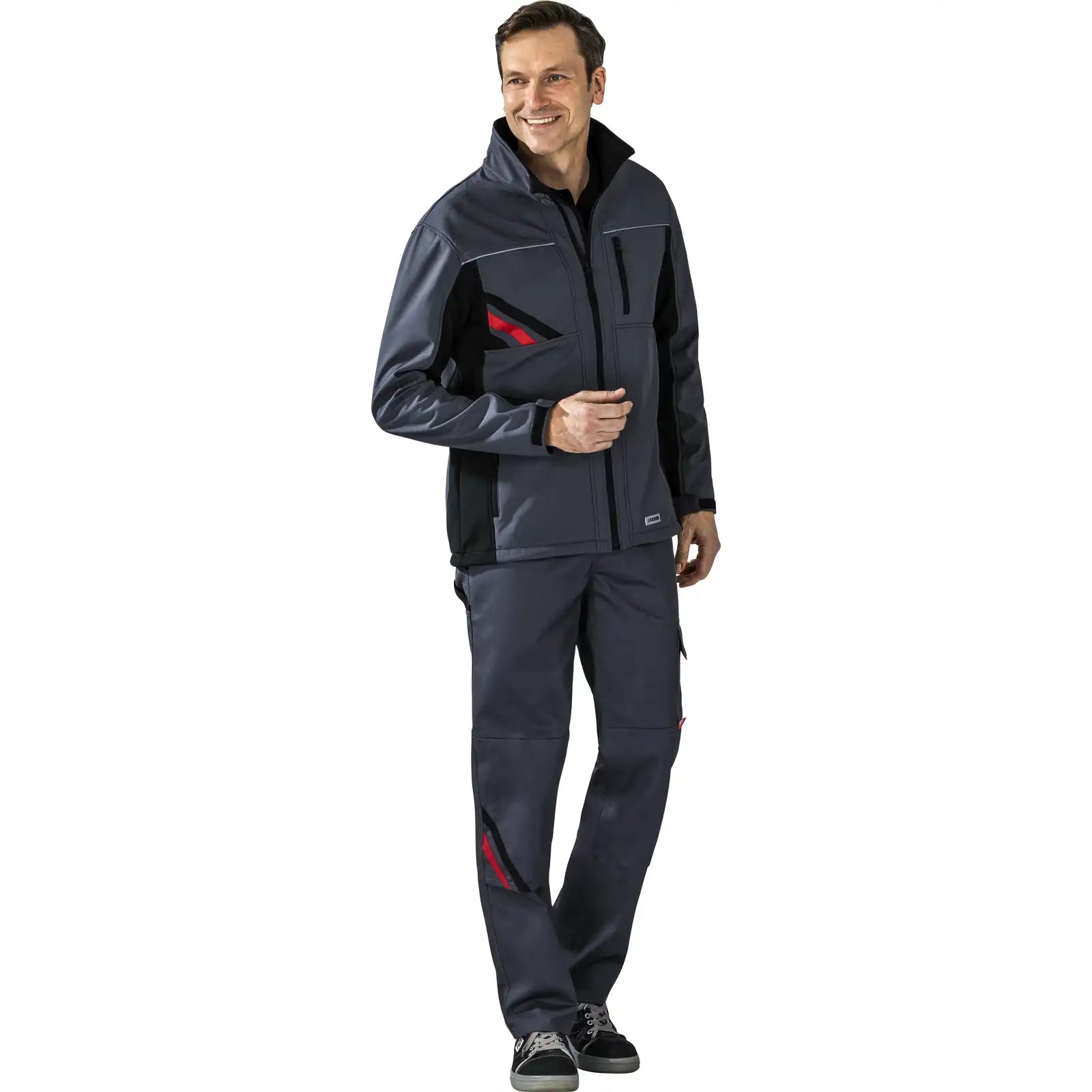 Planam Highline Softshelljacke schiefer/schwarz XS schiefer/schwarz/rot - Produktbild mit Model