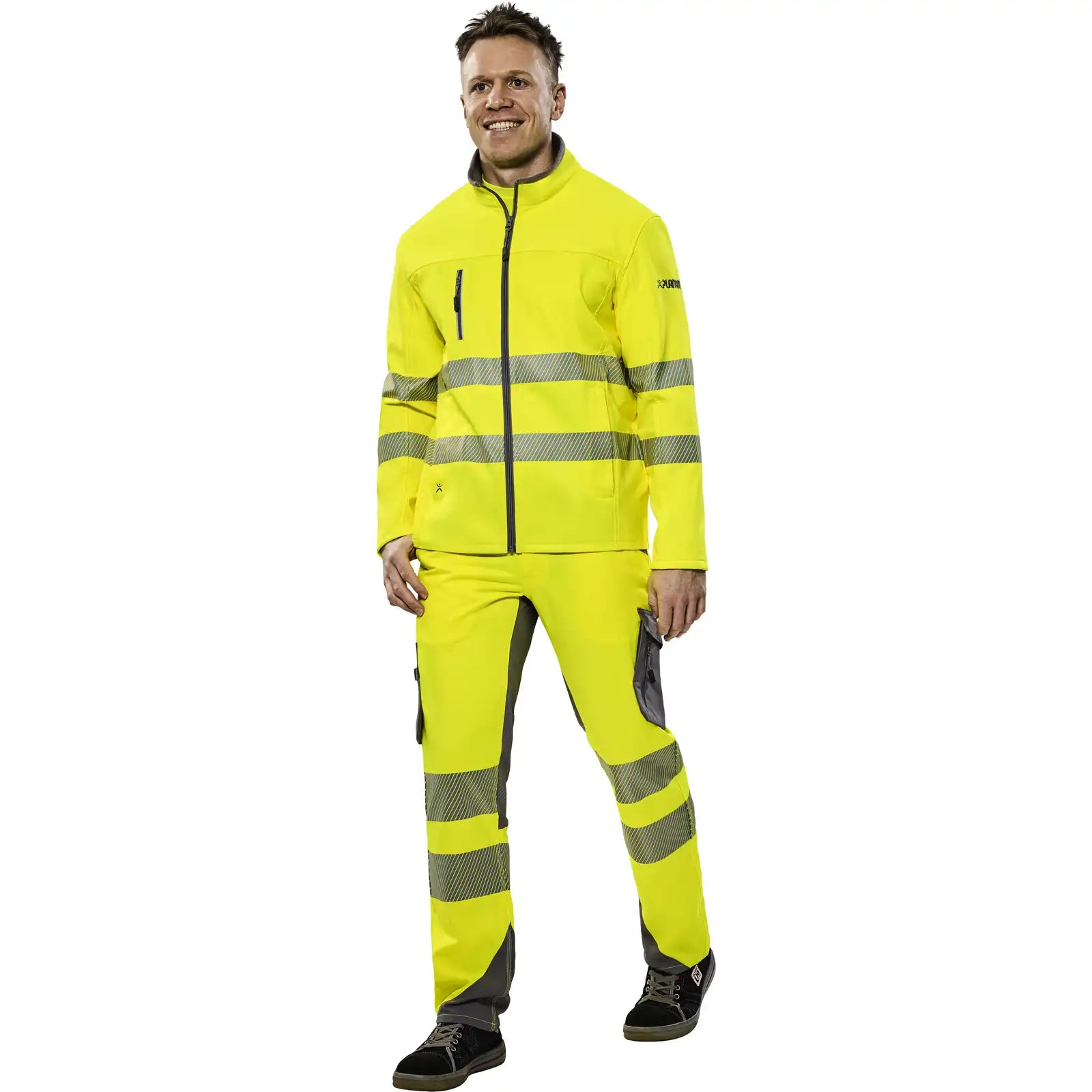 Planam Norit Warnschutz Herren Hybridjacke gelb  102 gelb - Produktbild mit Model