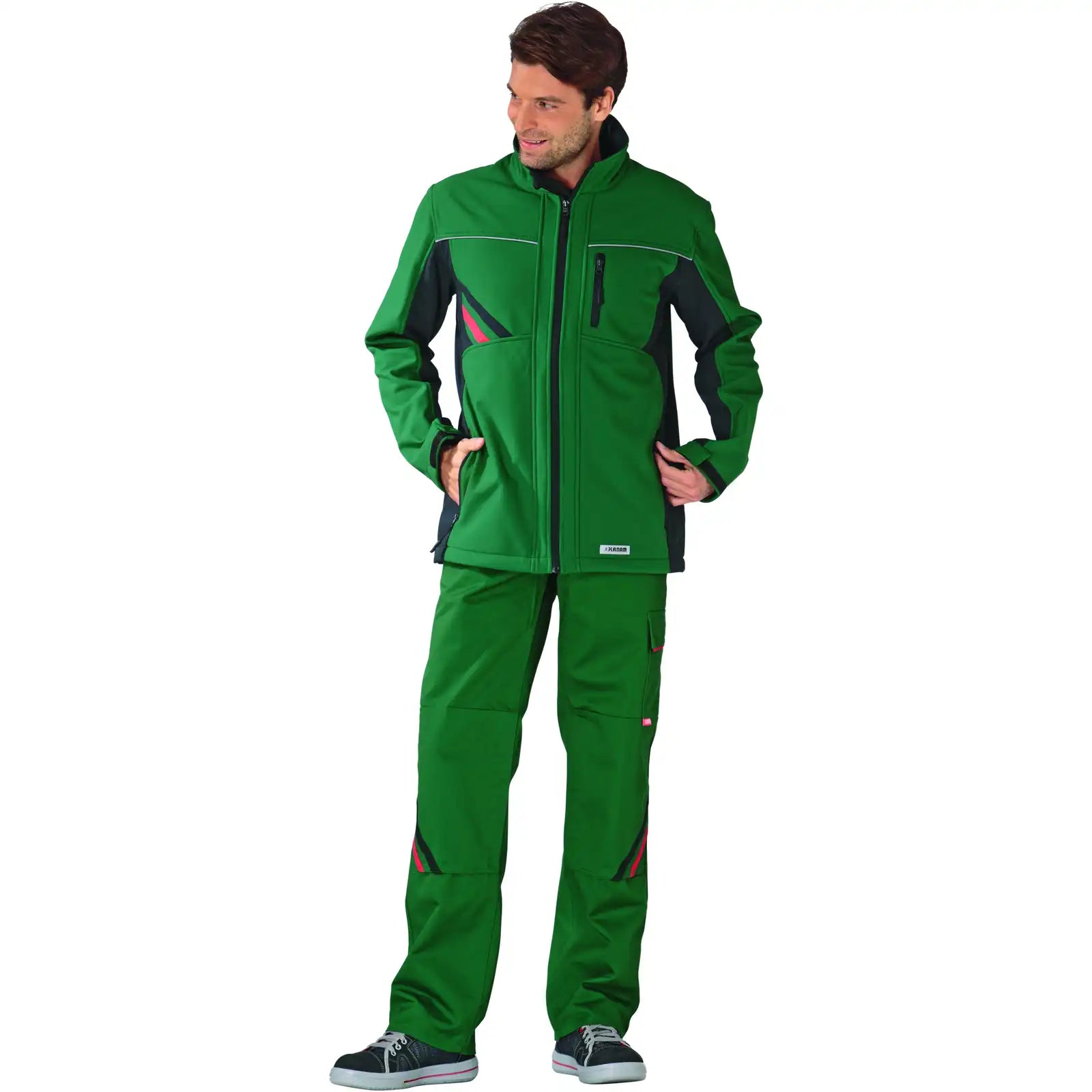 Planam Highline Softshelljacke grün/schwarz XS grün/schwarz/rot - Produktbild mit Model