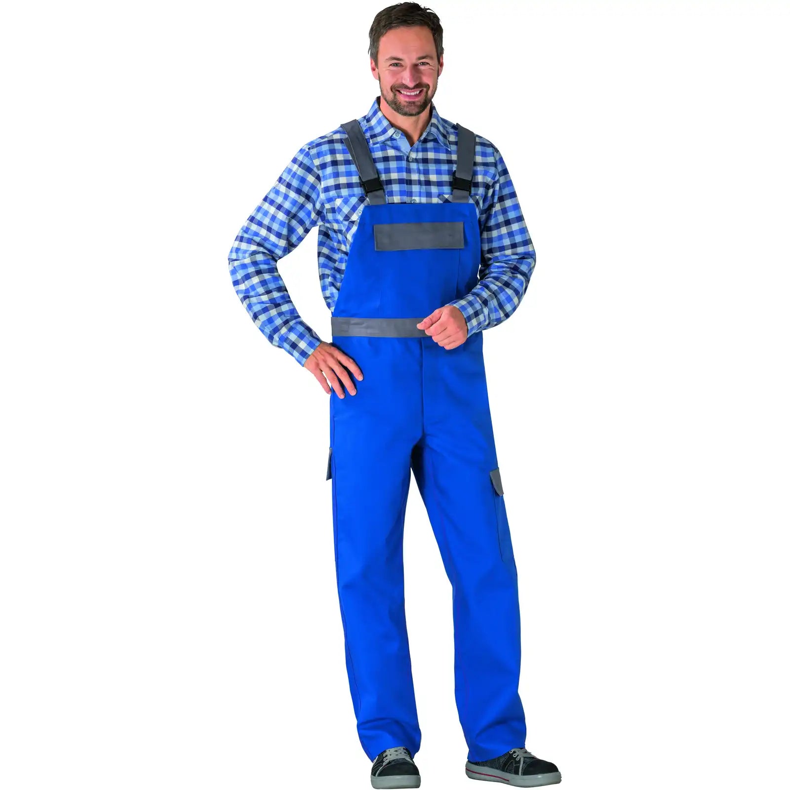 Planam Major Protect Latzhose kornblumenblau/grau 102 kornblumenblau/grau - Produktbild mit Model