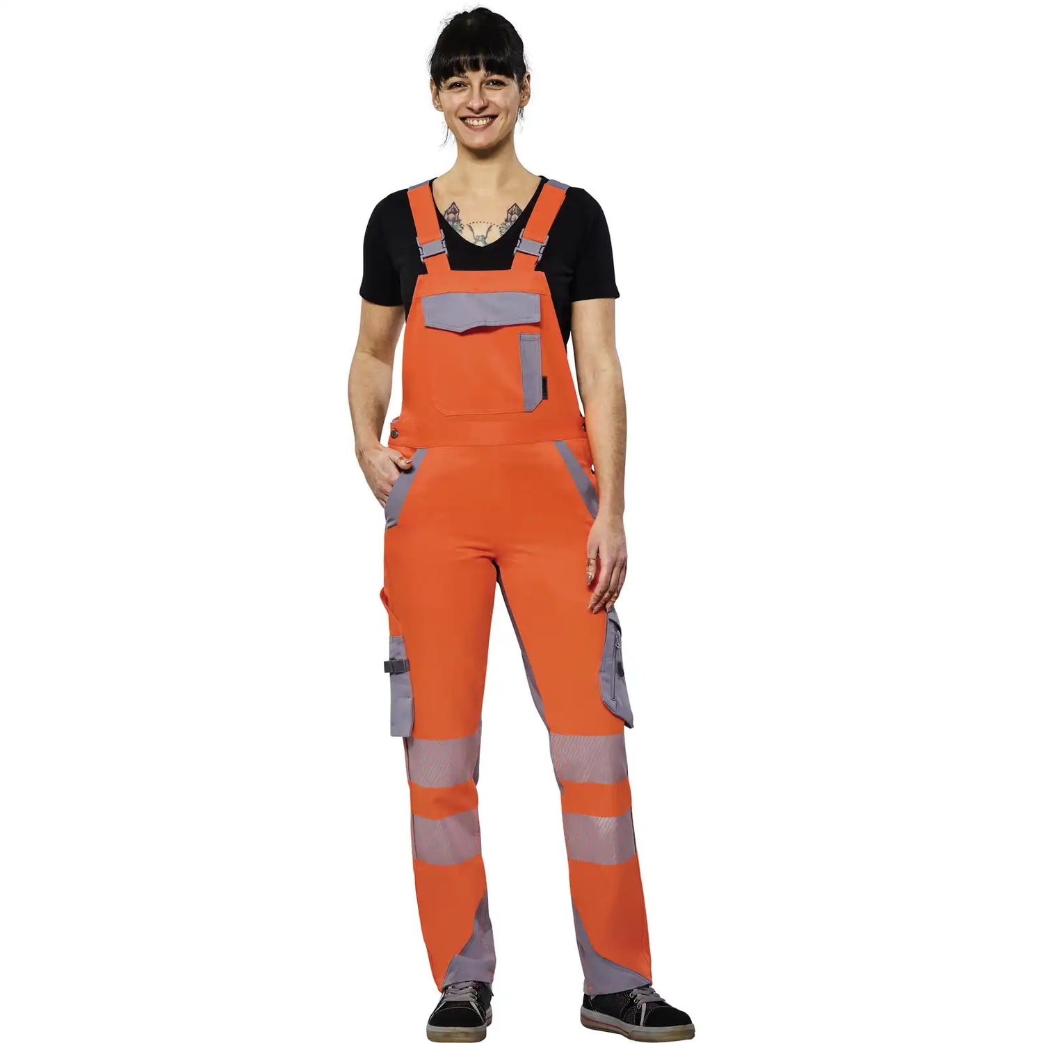 Planam Norit Warnschutz Damen Latzhose orange/zink  36 orange/zink - Produktbild mit Model