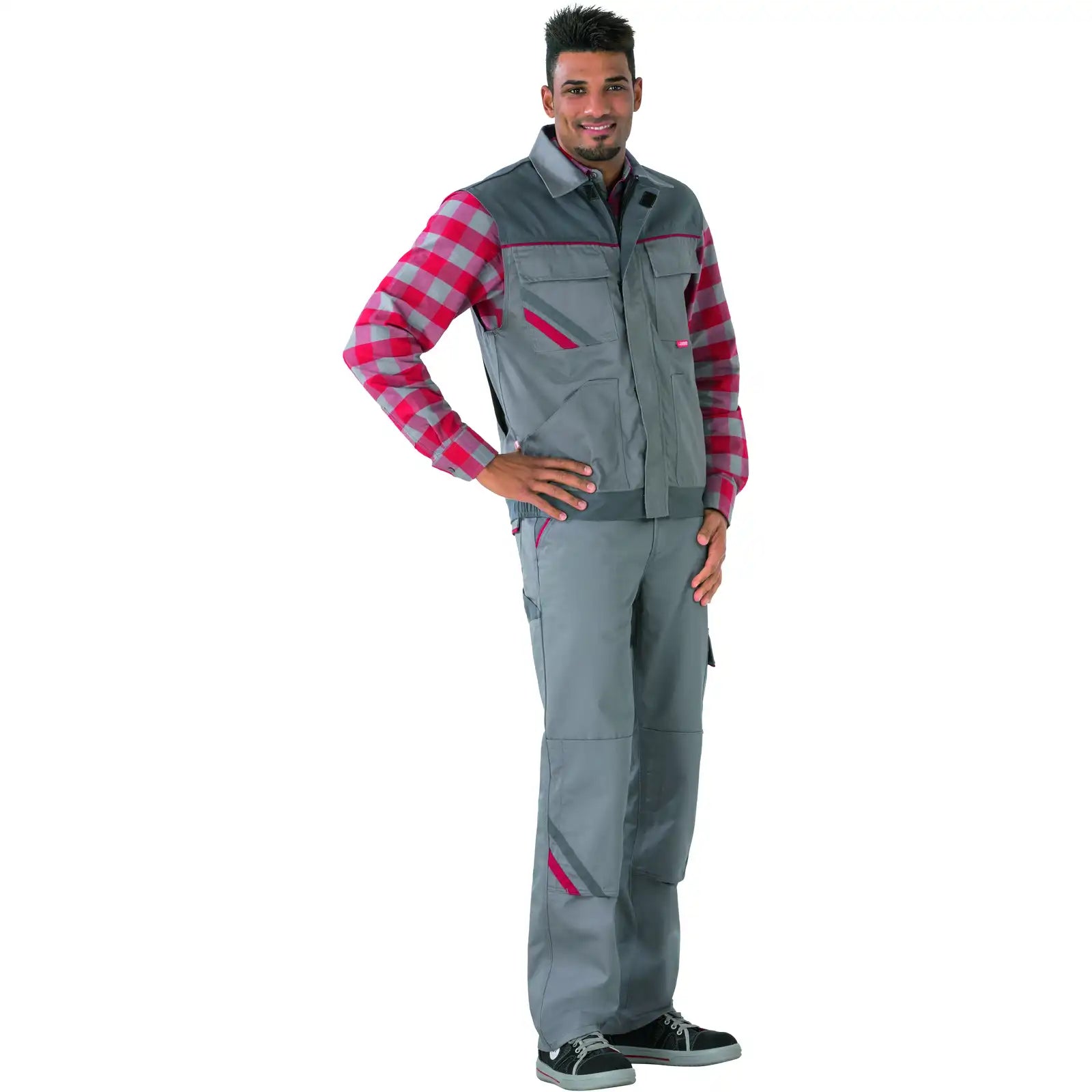 Planam Highline Arbeitsweste zink/schiefer/rot XS zink/schiefer/rot - Produktbild mit Model