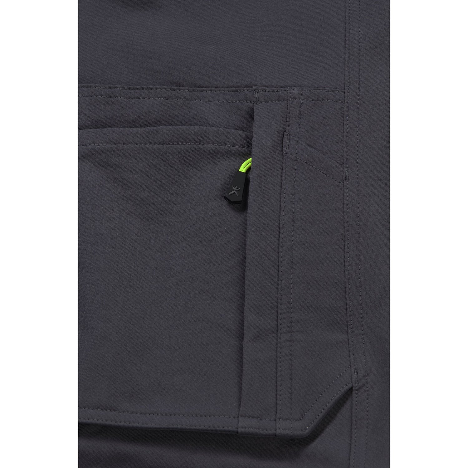 Planam rECOline Trousers green/black - Right thigh pocket with yellow zip