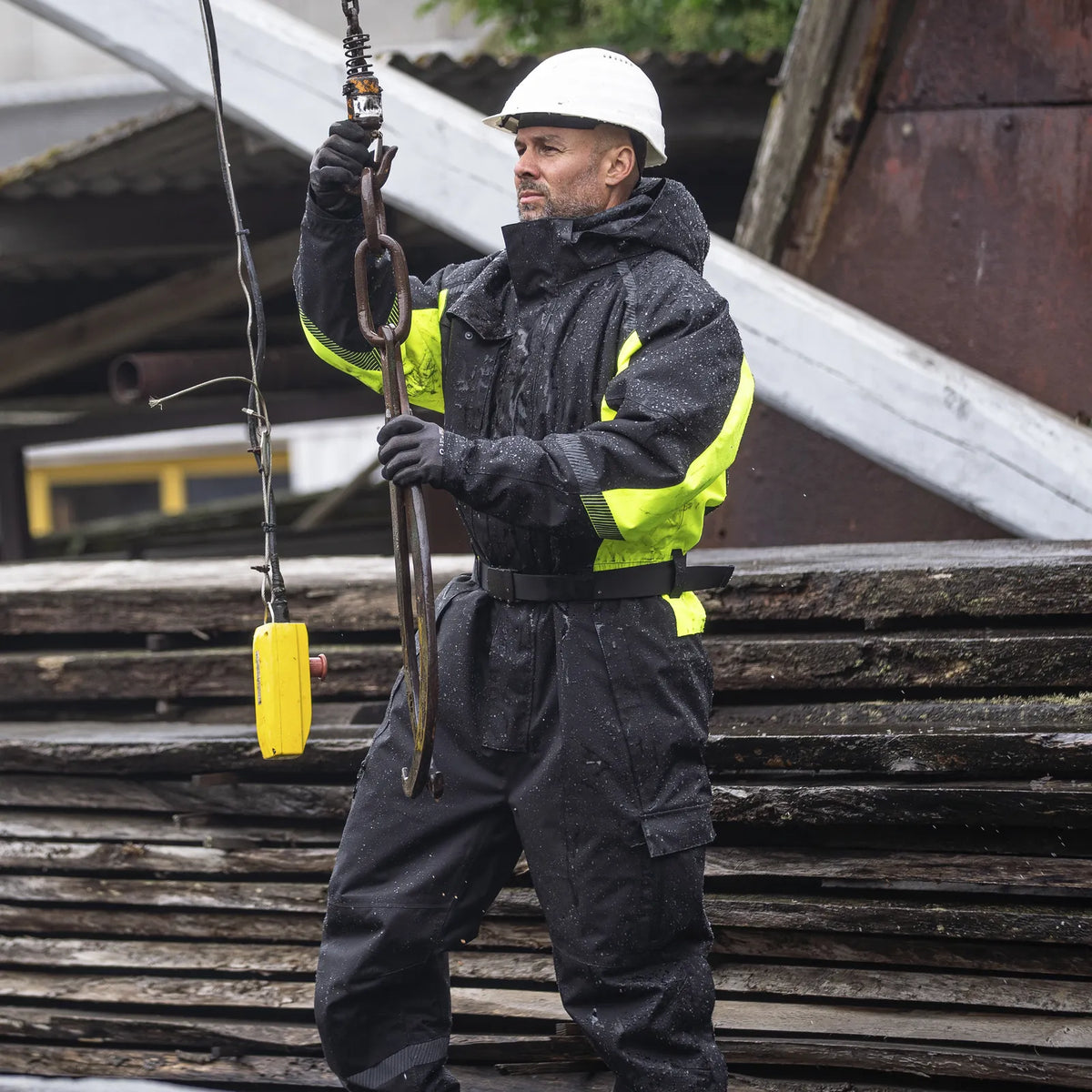 ELKA Rainwear - Working Xtreme Winter Thermal Coverall with recycled padding - Black/Fluorescent Yellow